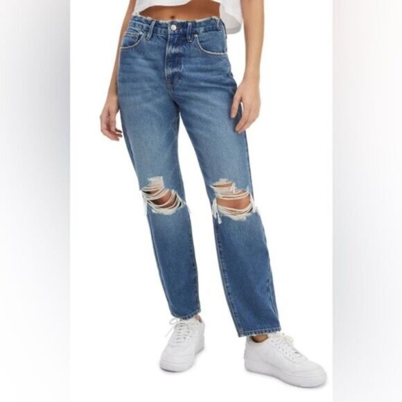 GOOD AMERICAN Blue Zippered Vintage Ripped Ankle Straight Leg Jean- Size 33 (15) - Picture 1 of 8